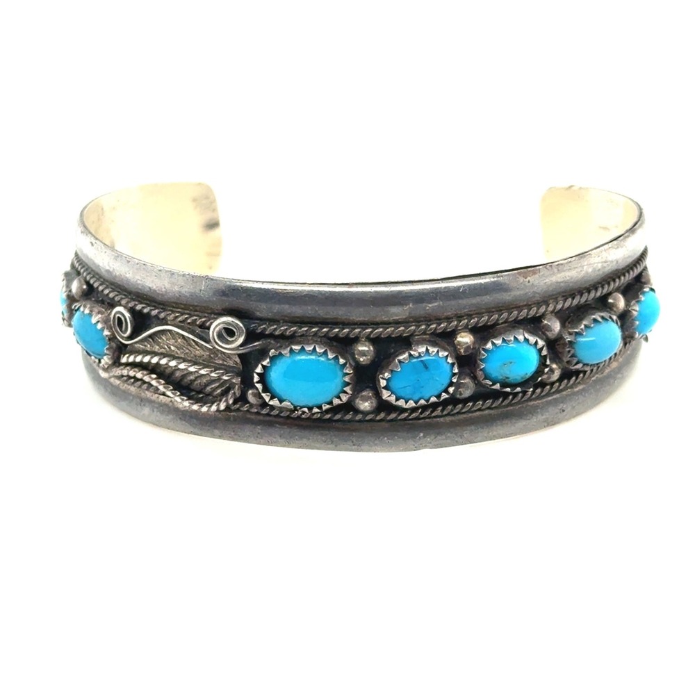 Vintage JC Sterling Silver‎ Turquoise Cuff Bracelet Native American Southwestern